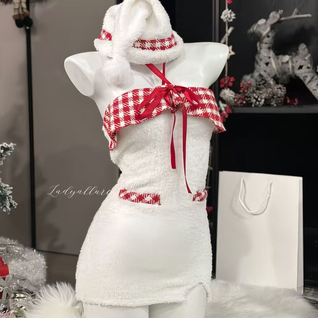 Santa Hat Plush - Christmas Plush White Halter Dress with
